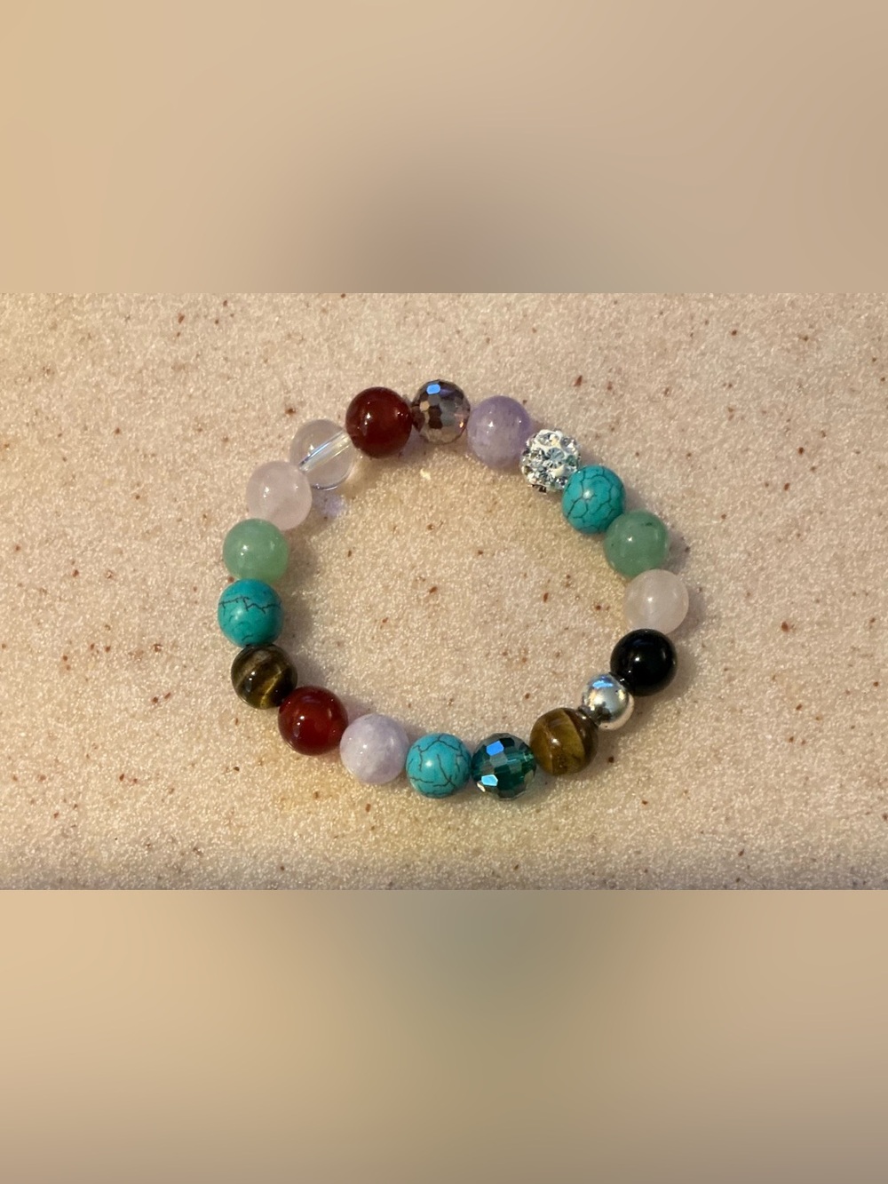 Multicolor Beaded Stretch Bracelet - Turquoise, Rose, Black, Brown Accents